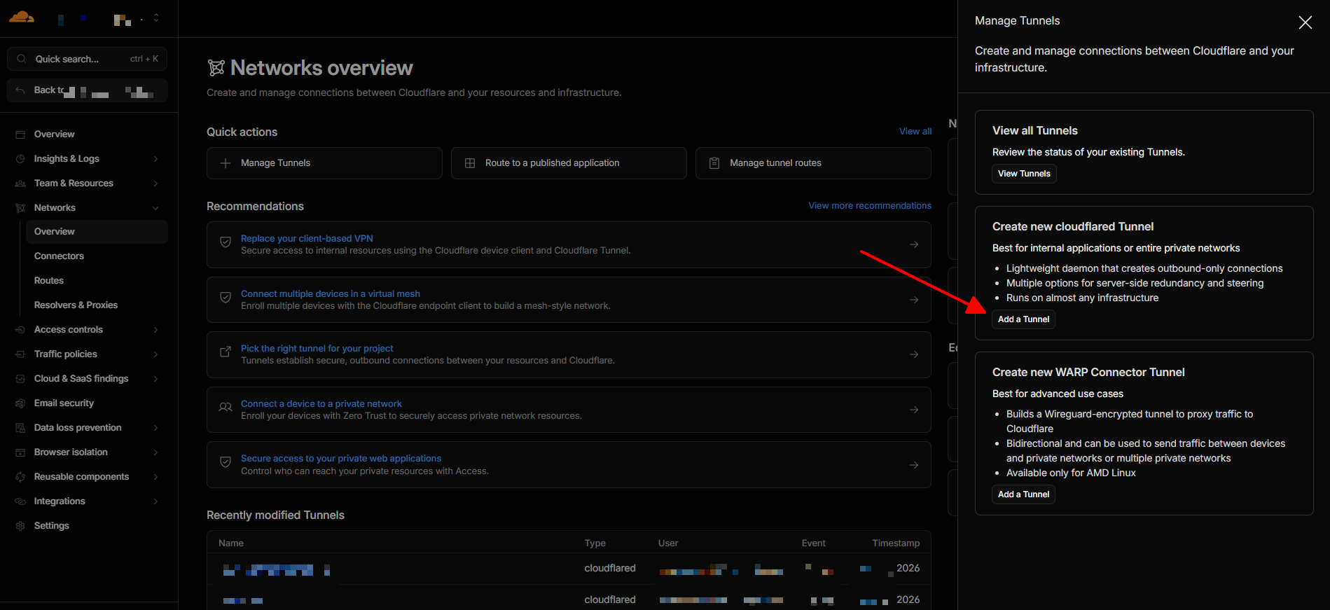 Cloudflare Zero Trust Dashboard — Networks > Tunnels
