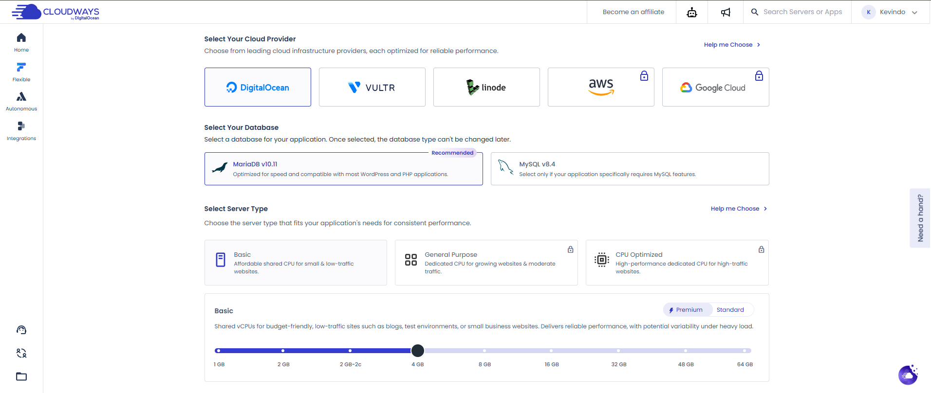 Giao dien quan ly Managed Cloud voi cac tinh nang 1-click SSL, backup, caching